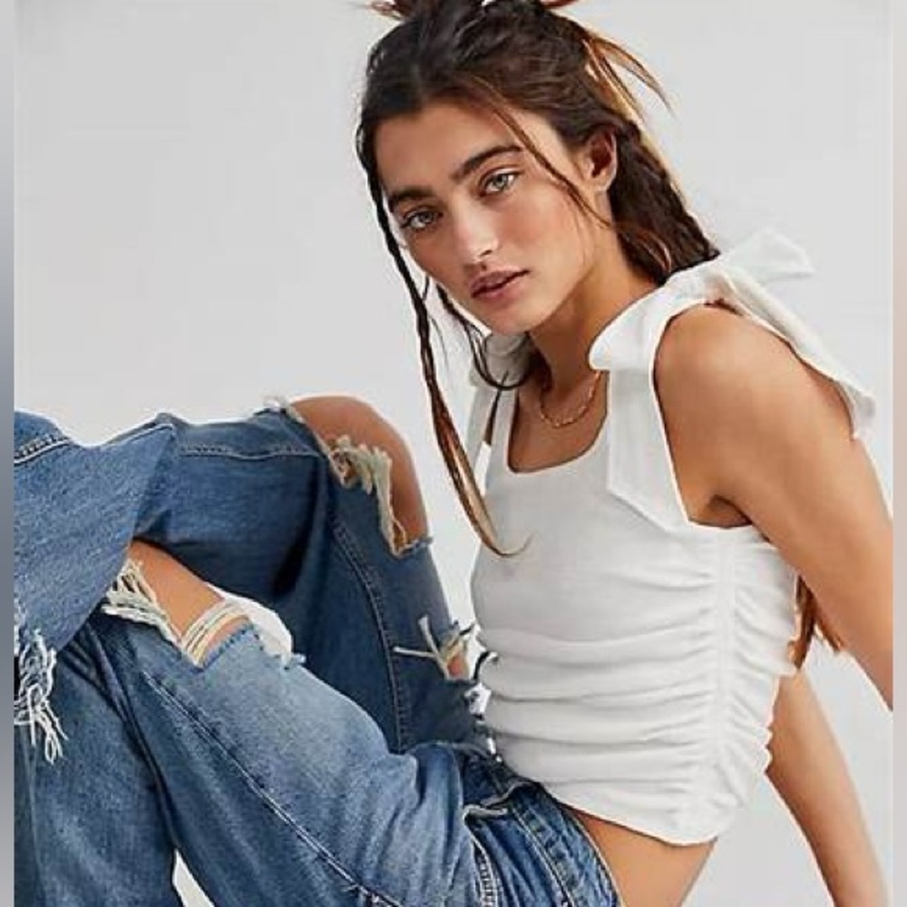 Free People NWT Boulevard Tank Tie Straps Ruched Alabaster White Crop Top